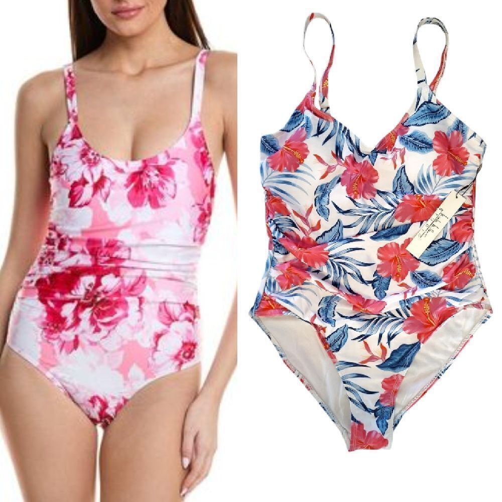 Nicole Miller Tropical Vtg Print Side Ruching 1 Piece Swimsuit Large NWT